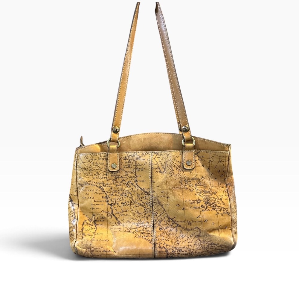 Patricia Nash Tan Leather Vintage Map Print Shoulder Bag Tote Brass Hardware